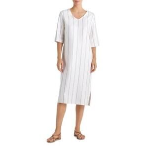 Hanro Casuals Short Sleeve White Blue Striped Dress Linen Cotton Blend Size XS